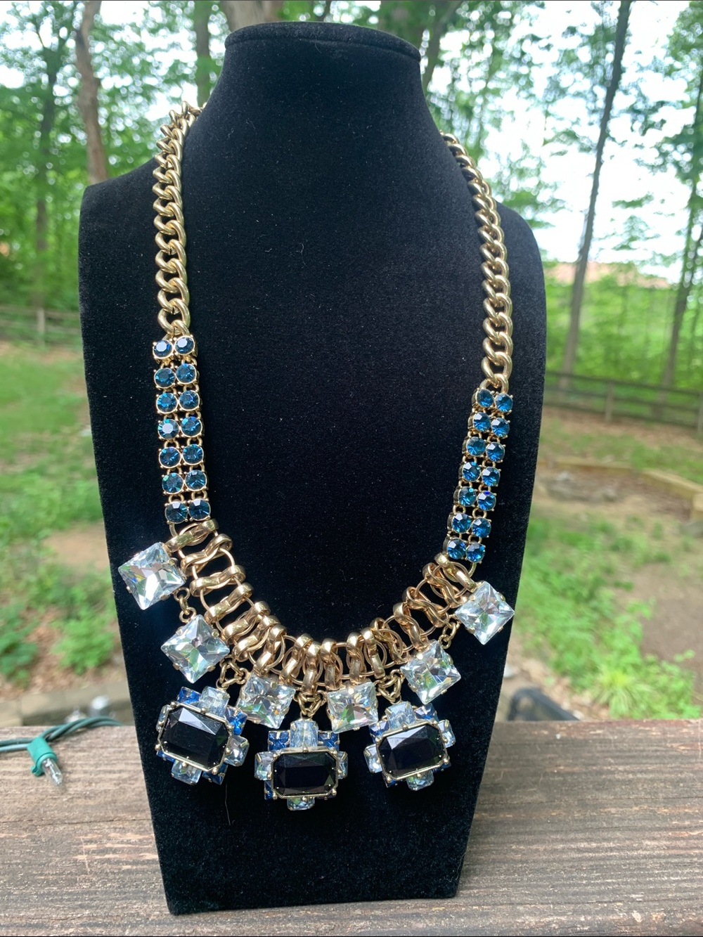 Ann Taylor Gold Tone Necklace with Blue and Black Stones